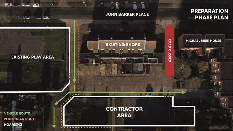 Plan showing the preparation phase plan on john barker place, showing existing shops and contractor area