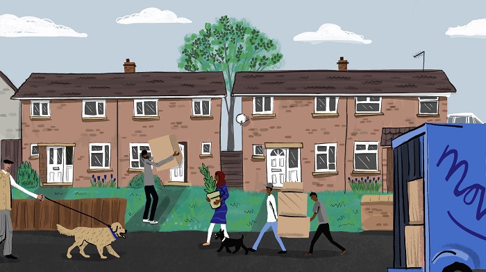 Illustration of a family moving into a settle property