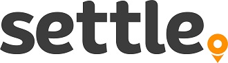 the settle logo with the word settle in dark grey and an orange map pin, all on a white background