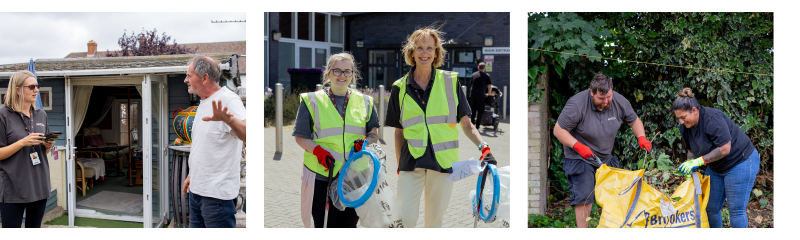 A collage of three photographs: The first shows two people standing outside a small shed or cabin, engaged in conversation. The second depicts two individuals wearing high-visibility vests, holding litter-picking tools and bags. The third features two people working together to collect and bag garden waste, also wearing gloves.