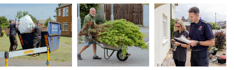 A collage of three different photos. The first scene shows two Settle colleagues emptying rubbish in a skip. The second sis a resident pushing a wheelbarrow filled with green foliage or branches. The third is a fire officer and Settle colleague standing at a resident's door talking.