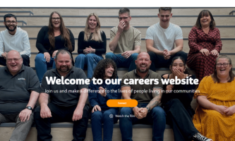 he image shows a group of Settle colleagues sitting on steps in the BHR office. The text on the image reads: "Welcome to our careers website. Join us and make a difference to the lives of people living in our communities." There is also a button labeled "Connect" and another option to "Watch the film."