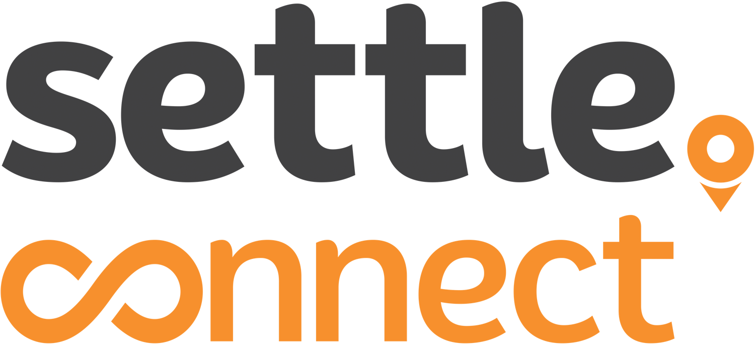 Settle Connect logo - he word "settle" is written in bold, black lowercase letters. Below it, the word "connect" is written in bold, orange lowercase letters with a stylized infinity symbol forming the first two letters. To the right of the words, there is an orange location pin icon.