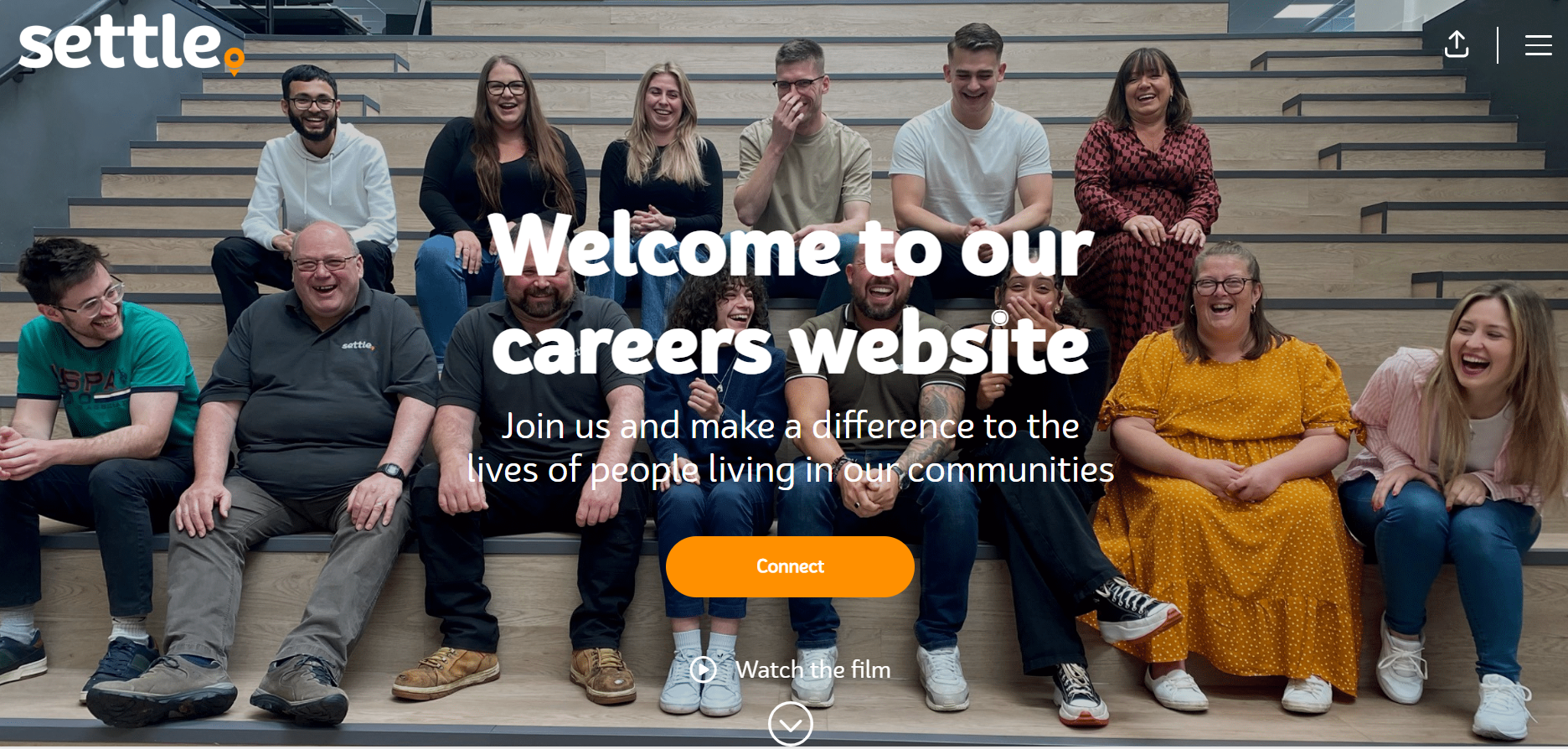 The image shows a group of Settle colleagues sitting on wooden steps in BHR office. The text on the image reads: "Welcome to our careers website. Join us and make a difference to the lives of people living in our communities." There is also a button labelled "Connect" and another option to "Watch the film."