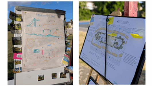 Two boards side by side: the left board has a large sheet of paper with colourful hand-drawn diagrams, sketches, and notes from children. The right board shows a detailed site plan for the park with annotations and post-it notes.