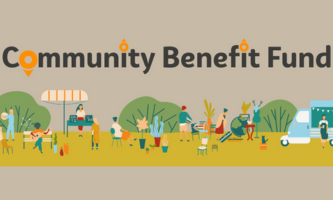 Illustration of a community event with people engaging in various activities outdoors. The background has green bushes and plants. At the top, large text reads “Community Benefit Fund” with orange location pin icons above some letters.