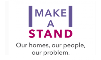 ogo with the words “Make a Stand” in bold purple and pink text, followed by the tagline “Our homes, our people, our problem.”