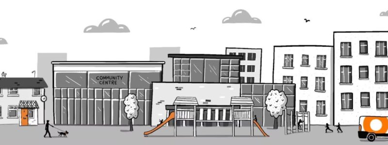 Illustration of a community setting with terraced houses, a community centre, a playground with slides, and apartment buildings. A person is cycling, another is walking a dog, and a van with an orange circle design is parked on the street. Trees, clouds, and birds are in the background.