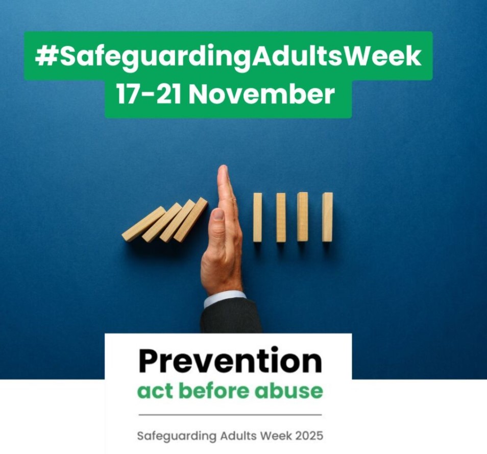 A hand stops falling wooden dominoes on a blue background. Text reads: “#SafeguardingAdultsWeek 17–21 November” and “Prevention – act before abuse. Safeguarding Adults Week 2025.”