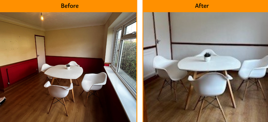 Comparison of a room before and after redecoration. The ‘before’ view has darker yellow and red walls, while the ‘after’ view shows light, neutral walls with the same table and chairs in a brighter space.