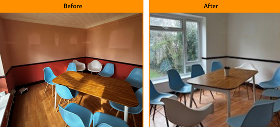Side‑by‑side before and after images of a meeting room. The ‘before’ image shows dark pink and red walls with wooden flooring and blue chairs around wooden tables. The ‘after’ image shows freshly painted light walls, the same wooden flooring, and the same tables and chairs near a large window.