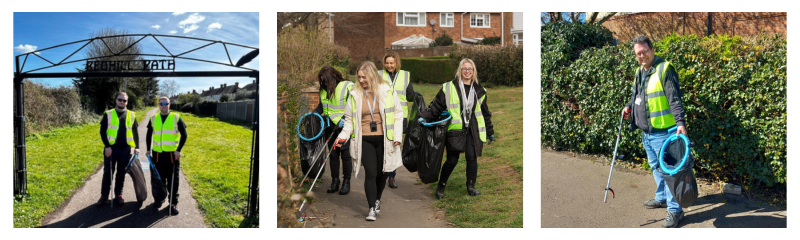 Image 1:
Partners from Branching Out litter‑picking on a local path in Westmill.
Image 2:
Settle team litter picking in Jackmans neighbourhood wearing-high vis jackets. 
Image 3:
“Cllr Nigel Mason litter‑picking in the Westmill neighbourhood.”