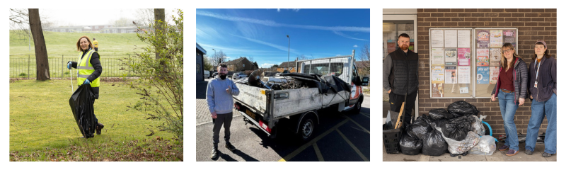 Image 1 (left):
Nicola Ewen, acting CEO litter‑picking in a local green space in Jackmans.
Image 2 (middle):
A Settle operative standing in front of a vehicle containing fly-tipped item items that have been collected during the events.
Image 3 (right): Neighbourhoods Team with bin bags of litter collected.