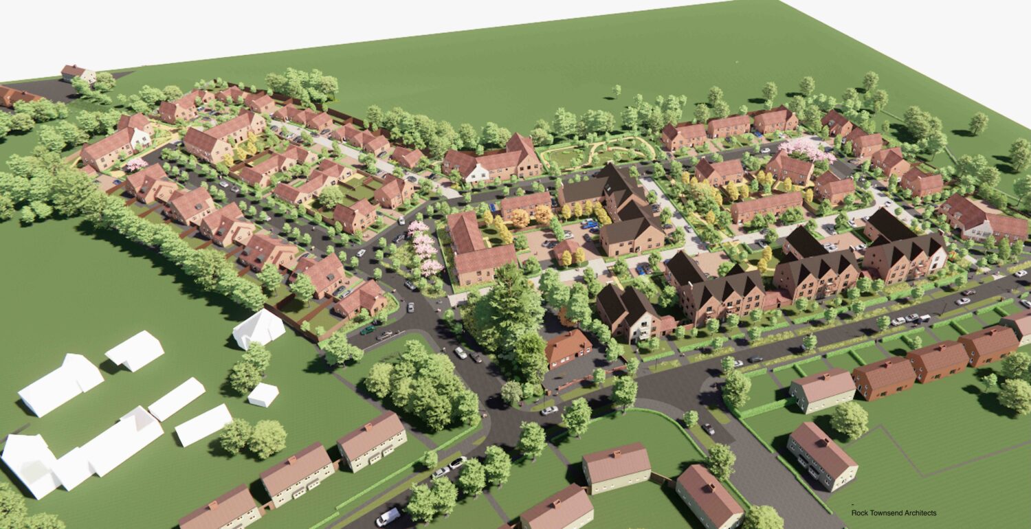 Architect’s aerial visualisation showing the proposed Campfield Way residential development, including new houses and apartment buildings arranged along streets with landscaped green spaces, trees, roads, and surrounding existing homes