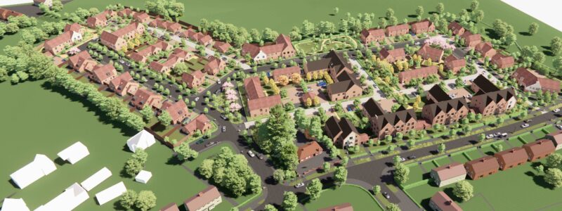 Architect’s aerial visualisation showing the proposed Campfield Way development, including new houses and apartments arranged along streets with landscaped green spaces, trees, roads, and surrounding existing homes.