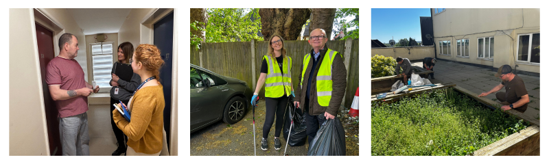 Image 1:
One Settle colleague and a partner from CAB speaking with a resident in a hallway, with one holding a clipboard and taking notes.
Image 2:
Two volunteers wearing high-visibility vests standing outdoors beside a car, holding litter pickers and bags of collected rubbish.
Image 3:
Two people carrying out outdoor maintenance work in a planted courtyard area next to a residential building.