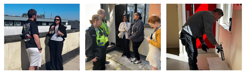 Image 1:
Staff member speaking with a resident on a flat rooftop, holding a clipboard.
Image 2:
Group of Settle colleagues, with two police officers and a partner from Citizens Advice Bureau talking together on the roof top garden at Moselle House. 
Image 3:
Operative applying glue to a buildinng sign.