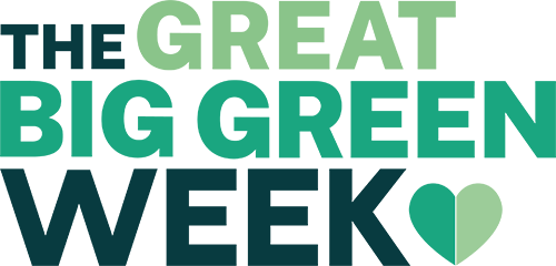The Great Big Green Week logo -Green abstract layered logo with organic, rounded shapes in multiple shades of green, forming a stylised landscape-like design with no visible text.