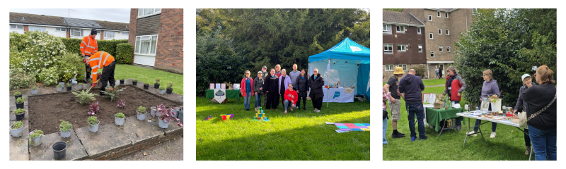 Three images showing a community gardening and engagement event: on the left, two Paradigm colleagues in high-visibility clothing plant flowers in a small soil bed surrounded by potted plants outside homes; in the centre, a group of Paradigm colleagues and volunteers from Wild Amersham stand together on grass in front of a blue gazebo with outdoor games laid out nearby; on the right, residents gather around a table with refreshments set up on a grassy area next to a block of flats at the Amersham community event.
