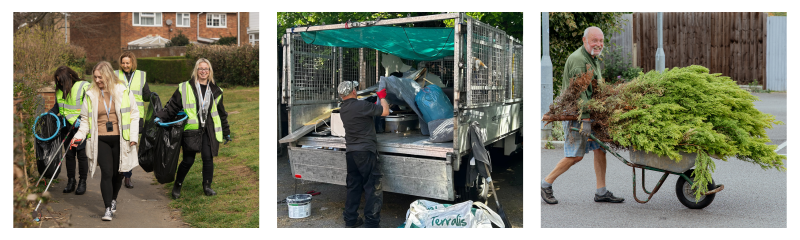 Three images showing a community clean-up: on the left, a group of Settle volunteers wearing high-visibility vests walk along a path carrying litter pickers and full rubbish bags; in the centre, a Settle operative loads waste and bags into the back of a small utility truck; on the right, a resident pushes a wheelbarrow filled with cut greenery along a residential street.