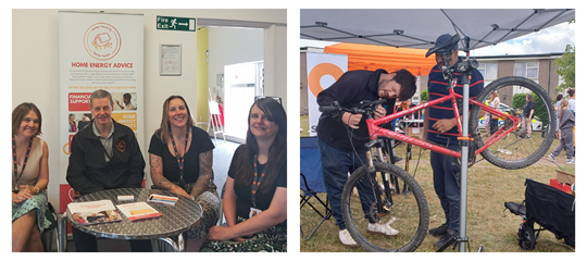 Two images showing community activities: on the left, three Settle colleagues from our Money Advice Team  sit with a volunteers from one of our home energy partner organisations  around a small table at a community centre with leaflets and a display board behind them reading “Home Energy Advice”; on the right, an outdoor scene at Jackman's Community Fun Day in Letchworth where a person repairs or adjusts a bicycle mounted on a stand under a canopy, with tools and equipment visible nearby.